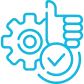 Blue outline icon of a gear, a clipboard with a checkmark, and a person, suggesting task completion or project management.