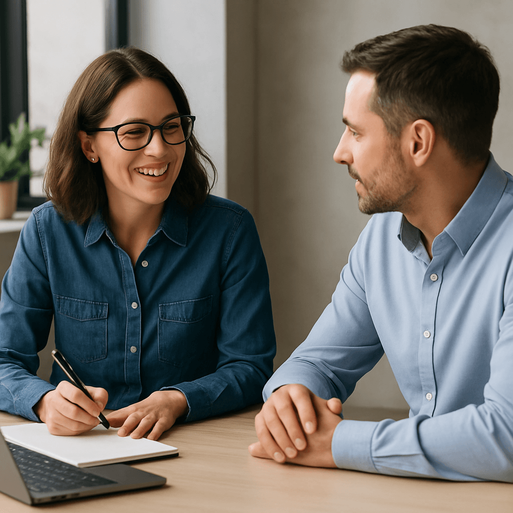 Two people sit at a table having a conversation about business coaching for small business owners; the woman is holding a pen and notebook, while the man listens attentively.