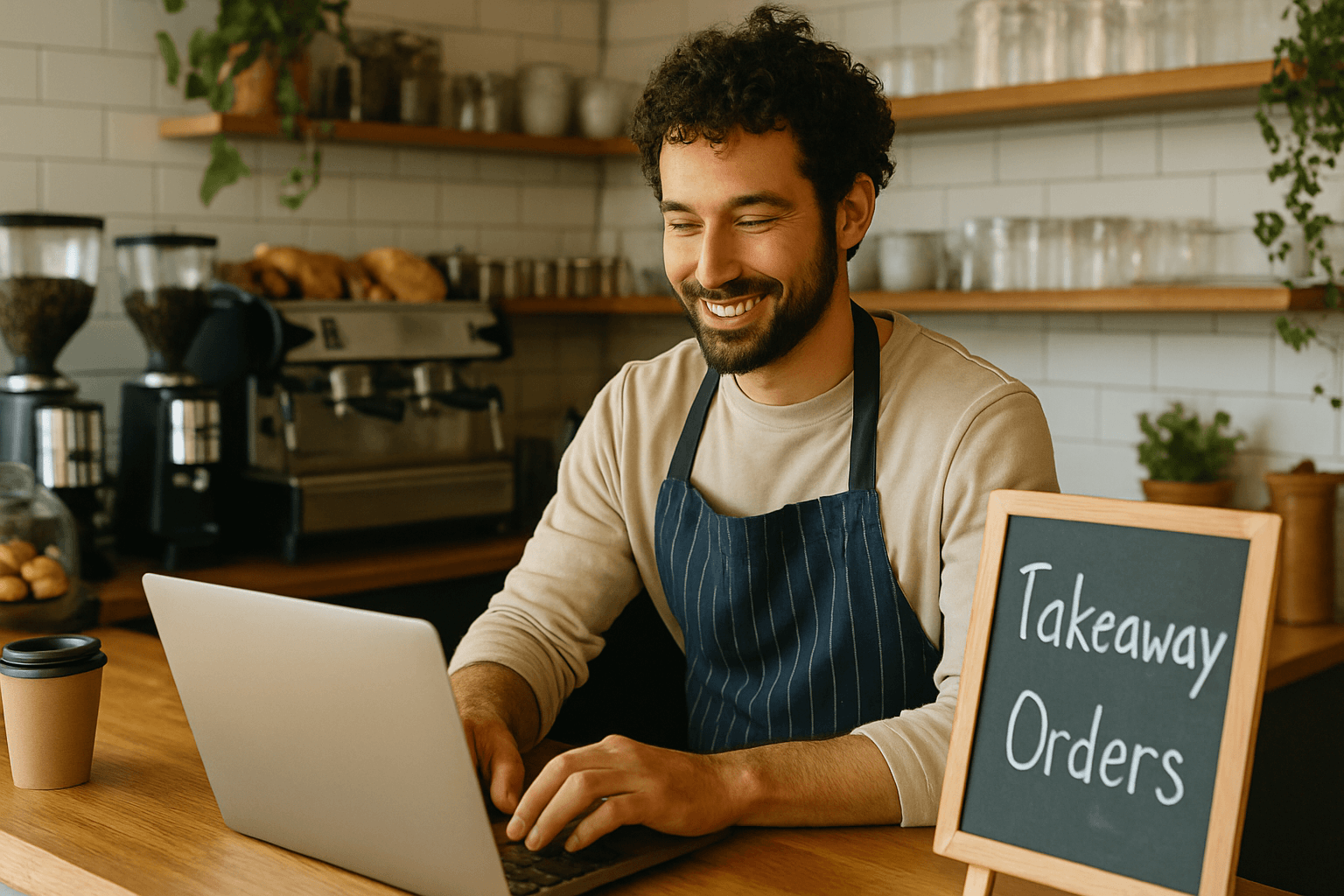 A man wearing an apron uses a laptop in a coffee shop, with a chalkboard sign beside him that reads "Takeaway Orders," perhaps exploring business coaching for small business owners to help his café thrive.