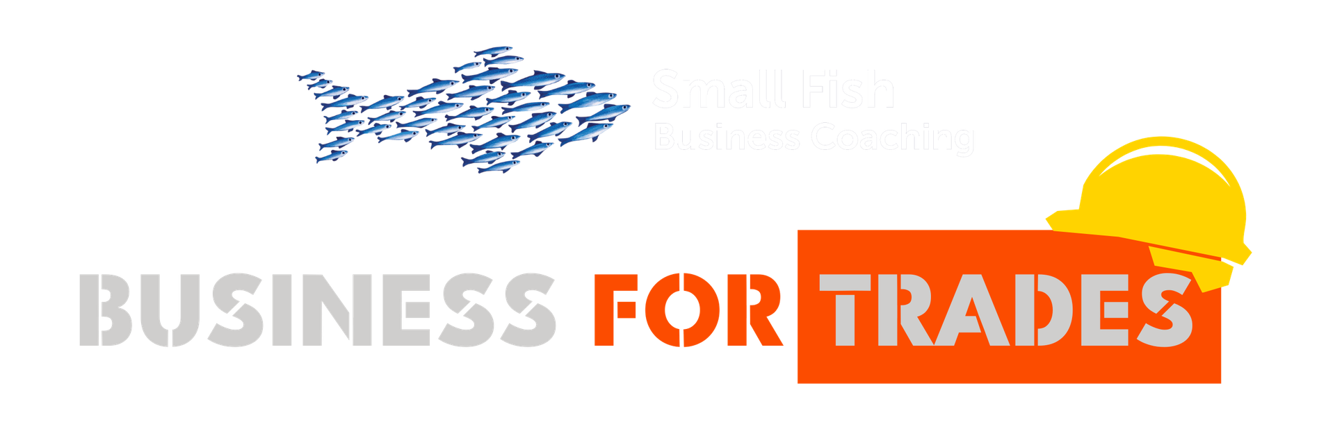 Logo with a school of fish, the text "Small Fish Business Coaching," and "Business for Trades" beside a yellow hard hat on an orange background, highlighting support from a tradie business coach.