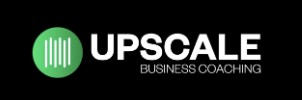 Logo for Upscale Business Coaching, tradie business coach Perth, featuring a green circle with vertical white lines next to the company name in bold white text on a black background.