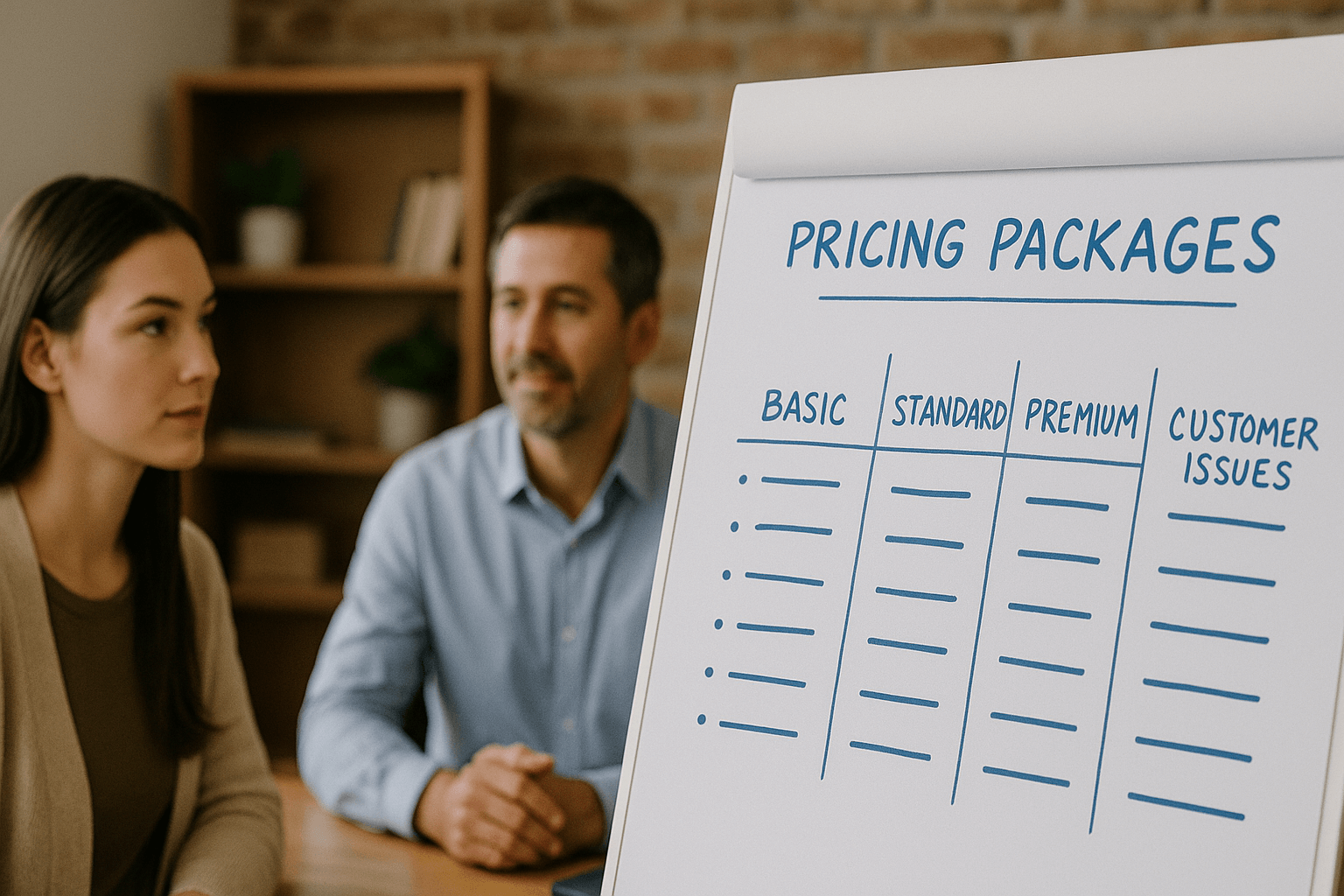 Two people sit near a whiteboard displaying a chart titled "Pricing Packages" with columns for Basic, Standard, Premium, and Customer Issues—discussing business coaching for small business owners.
