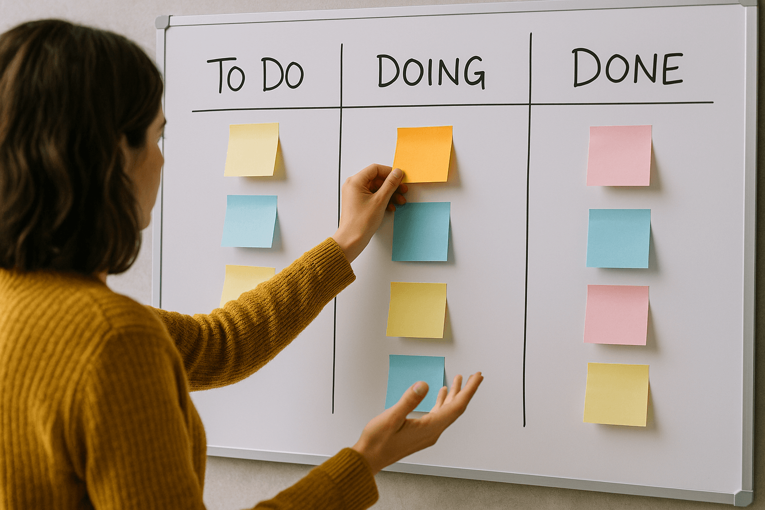 A person places a sticky note in the "Doing" column on a whiteboard divided into "To Do," "Doing," and "Done" sections, visualizing workflow—an approach often used in business coaching for small business owners.